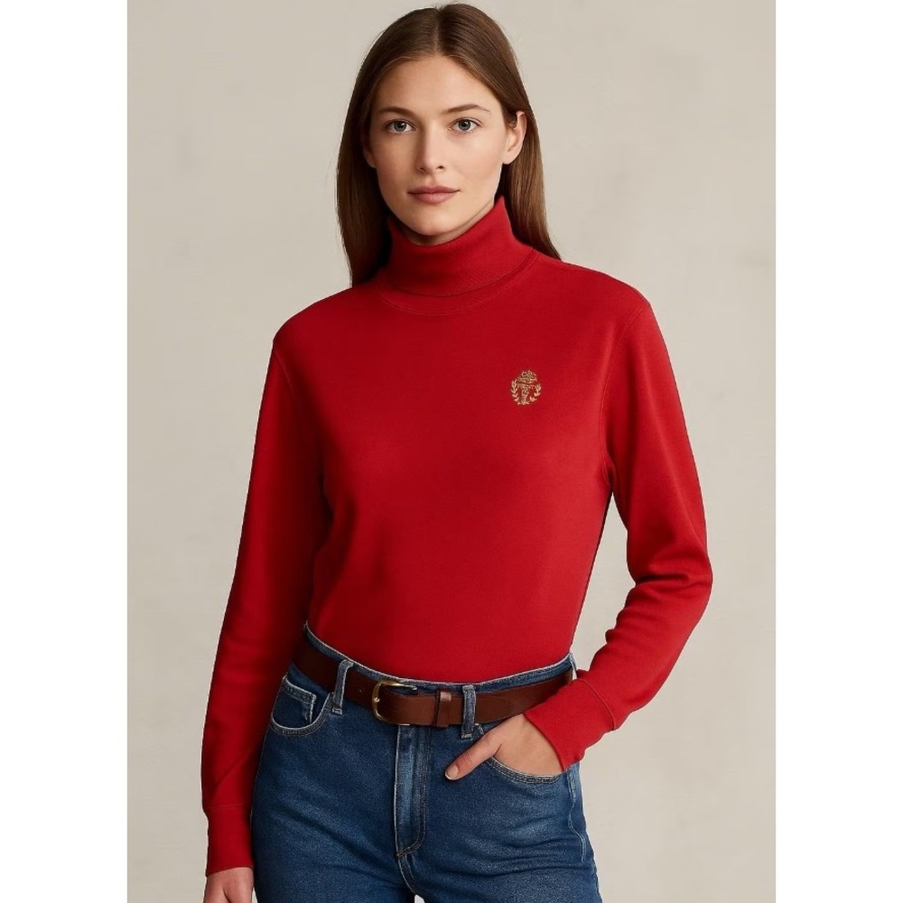 Vintage Lauren Ralph Lauren Red Turtleneck Sweater Womens L‎ Crest Logo Cotton